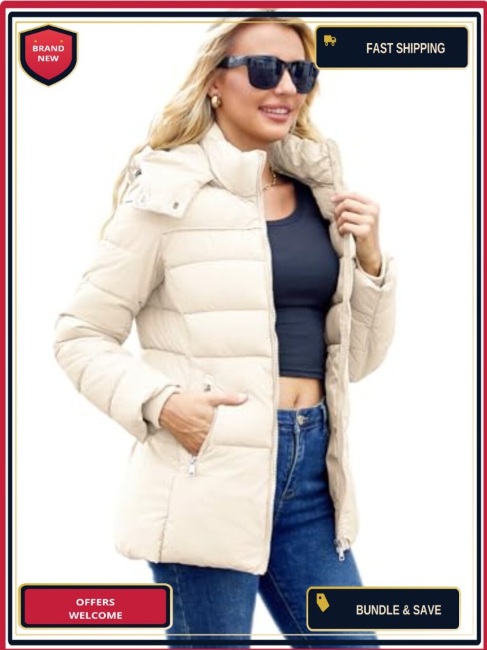 Women's Packable Puffer Jacket Winter Coat with Hood Warm Lightweight Thickened